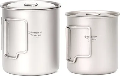 Zdjęcie produktu dla TOMSHOO Ultralekki zestaw 2 kubków tytanowych na świeżym powietrzu, 450 ml i 750 ml, na kemping i piknik, kubki na wodę z składanym uchwytem