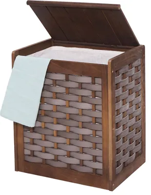 Zdjęcie produktu dla Kosz na pranie HWC-G37, sortownik na pranie, pojemnik na pranie z litego drewna w stylu shabby wiklinowy 61x51x35cm ~ brązowy
