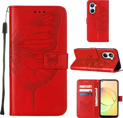 Produktbild von Lederhülle für Realme 10 4G Schmetterling Prägung Flip Ledertasche Kartenfächer Handyhülle mit Ständer Rot