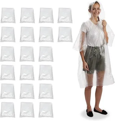Produktbild von Famanu Regenponcho 40 Stück - Transparent, mit Kapuze und kurzen Ärmeln