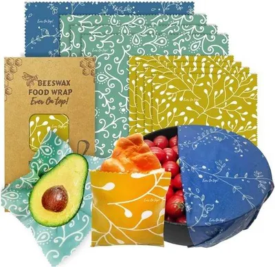 Immagine prodotto di Fogli di cera d'api – Pellicola riutilizzabile – Imballaggio alimentare ecologico – Cotonelogico con cera d'api – 3 dimensioni (33x36, 25x28, 18x20 cm) – 3 colori – 9 pezzi