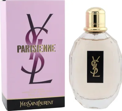YSL Parisienne Eau de Parfum mit rosa Verpackung und transparentem Flakon, goldener Kappe und schwarzem YSL-Logo auf weißem Hintergrund.