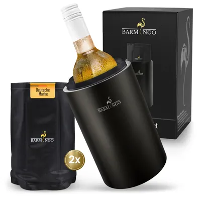 Produktbild von Weinkühler Edelstahl mit Kühlakkus – Getränkekühler & Flaschenkühler für Wein, Sekt, Champagner | Sektkühler doppelwandig mit Kühlmanschetten, Schwarz