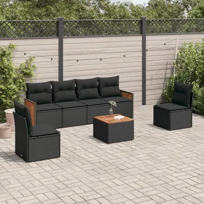 Image de vidaXL Ensemble de salon de jardin 7 pièces avec coussins noir poly rotin