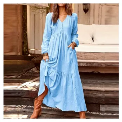 Produktbild von Leinenkleid für Damen im Sommer, langärmlig, V-Ausschnitt, Maxikleid, Boho-Stil, einfarbig, locker, Kaftan, Freizeitkleid, Wickelkleid, A-Linie, Tunika