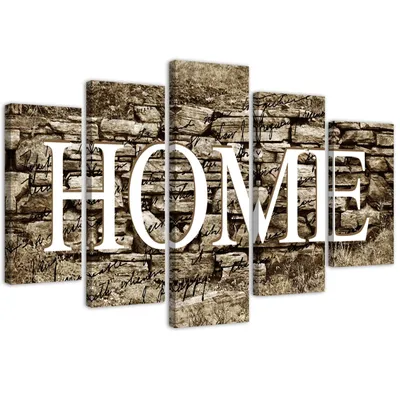 Produktbild von 5-teiliges leinwandbild home-schriftzug auf einem wandhintergrund 100x70 cm Feeby braun wandbild bereit zum aufhängen