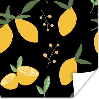 Produktbild von MuchoWow® Poster Zitrone - Früchte - Schwarz - Muster 50x50 cm - Wohnzimmerdekoration