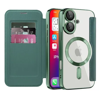 A green iPhone case with a cardholder and a clear back is shown next to an iPhone.