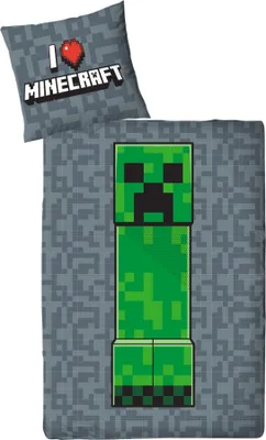 A Minecraft-themed duvet cover and pillowcase set featuring a Creeper.
