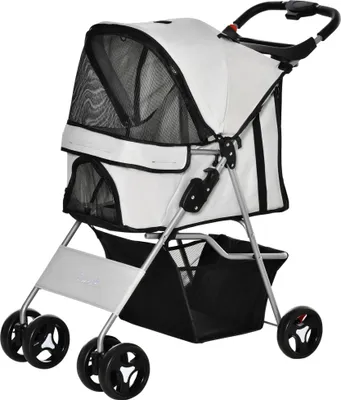 Produktbild von PawHut Zusammenklappbarer Hunde-Kinderwagen, Haustier-Kinderwagen, kleiner Hunde-Kinderwagen mit verstellbarem Baldachin, Aufbewahrungskorb, 2 Universalrädern und Stahlrahmen, 75 x 46 x 94 cm, Grau