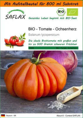 Produktbild von SAFLAX - Garden in the Bag - BIO - Tomate - Ochsenherz - 10 Samen - Mit Anzuchtsubstrat im praktischen, selbst aufstellenden Beutel - Solanum lycopersicum