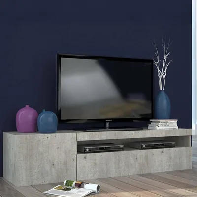 Image de Armoire TV moderne avec porte et tiroir rabattable 150cm Daiquiri Concrete M