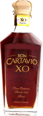 A bottle of Cartavio XO rum against a white background.