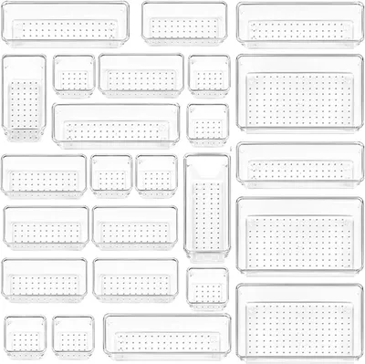Produktbild von 25 Stücke Klar Kunststoff Schublade Organizer mit 4 Größen, Schubladen Ordnungssystem für Badezimmer, Kommode, Küche, Büro, Aufbewahrungsbox für Kühlschrankpartitionen, Schrank Schubladen Organizer
