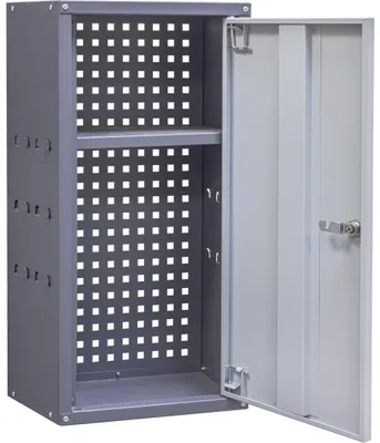 An open metal cabinet with shelves and a perforated back panel.