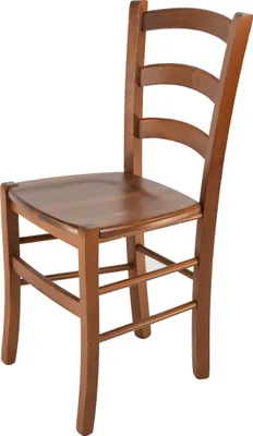 A wooden chair with a ladder back design, shown from a three-quarter angle against a white background.