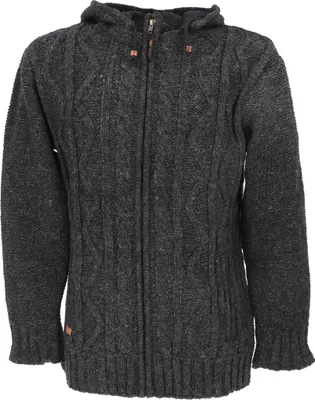 Produktbild von Strickjacke, Uni Wolljacke, Nepaljacke mit Zopfmuster, Natürlichem Baumwollfutter - Dunkelgrau, Herren, Wolle, Größe: L