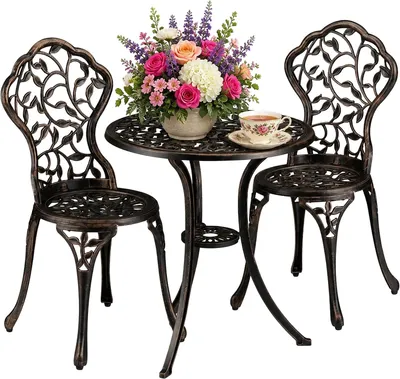 Productafbeelding van Bistroset - Delig - Balkontafel met 2 stoelen - Versierd - Aluminium - Balkontafel HxD: 65x60 cm - Brons