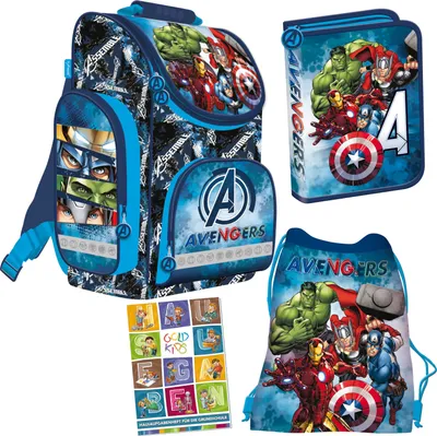 Obrázek produktu pro Školní aktovka, sada Avengers, Marvel, penál, sešit pro základní školu, sada 4 ks. Vhodné od první třídy základní školy.