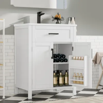Produktbild von Waschtisch-Set mit Keramikbecken, MDF, 2 Türen, Schublade, weiß, 60x46x84,8 cm