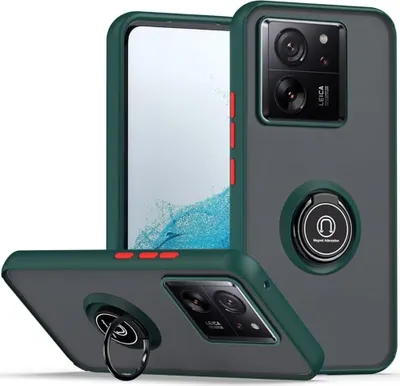A dark green phone case with a matte translucent back and a ring holder is shown from multiple angles.
