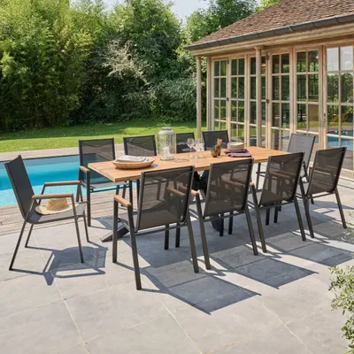 Image de Table de jardin en acacia et aluminium avec 10 fauteuils - Oviala Stella