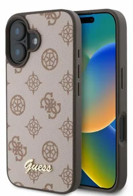 Image de Étui iPhone 16 Guess simili cuir rose marron logo doré compatible MagSafe