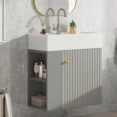 Produktbild von Badezimmermöbel Waschbecken mit Waschtischunterschrank 55 cm, Waschtischunterschrank hängend hellgrau, Kleine Gästebadmöbel