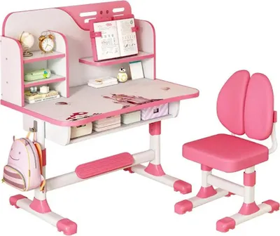 Zdjęcie produktu dla Zestaw biurko i krzesło dla dzieci, ergonomiczna konstrukcja, regulowana wysokość, różowy