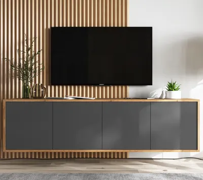 Produktbild von TV-Wandschrank TV-Schrank Loft Style Apollo 2 Viertürig Modern Lindner Möbel 150cm x 39cm x 35cm Farbe: Wotan Eiche matt -  graphit matt