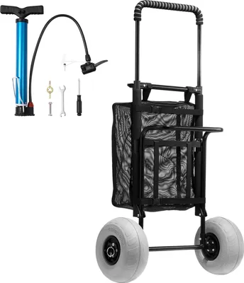 A beach cart and a tire pump are displayed against a white background.