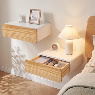 Hängendes Nachttisch-Set, 2 Stk., Weiß, Holz, mit Schublade