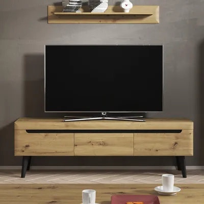 Obrázek produktu pro Komoda, skříňka pod TV SUDBURRY RTV160 - Dub - černé akcenty - 3 zásuvky - šířka 160 cm, výška 50 cm, hloubka 40 cm