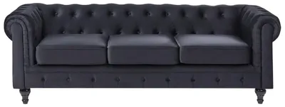 Obrázek produktu pro BELIANI Pohovka Chesterfield, černé sametové čalounění, nohy z tmavého dřeva, 3místné, moderní