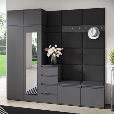 A modern hallway furniture set with a wardrobe, drawers, and a bench, featuring a mirrored door and a hat on a hook.
