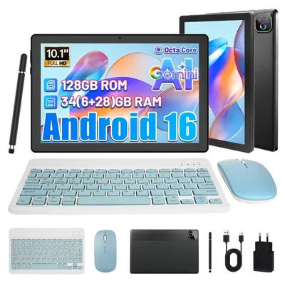 Obrázok produktu pre Tablet 2 v 1 s klávesnicou, myšou a stylusom – Android 16, 10 palcov, 34 (6 + 28) GB RAM + 128 GB, 5G, Wi-Fi, 6000 mAh, Widevine L1, Gemini AI