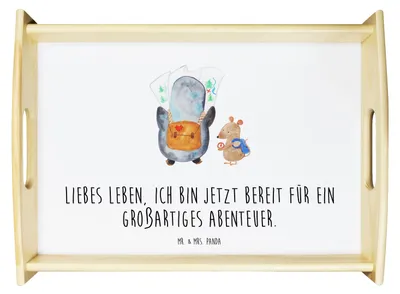 Produktbild von Mr. & Mrs. Panda Serviertablett Pinguin & Maus Wanderer - Weiß - Geschenk, Servier Tablett, Wandern, Bett-Tablett, Holztablett, Roadtrip, Abenteuer, sofatablett