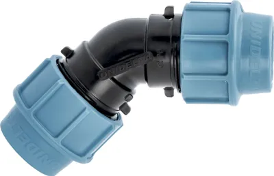 Produktbild von Unidelta PP 45° Winkel 50 mm mit Klemmverschraubung für PE Rohr – Klemmfitting Rohrverbinder Trinkwasser
