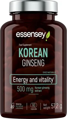 Produktbild von ESSENSEY - KOREAN GINSENG I 500 mg I 90 Kapseln I Ginsenoside 50 mg I Vegetarier & ohne Zustze I 90 Tagesdosen I Leicht zu schlucken I Labor