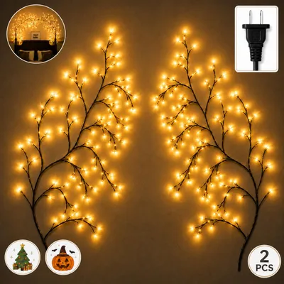 Produktbild von 2er LED Weidenzweig-Lichterkette mit 144 LEDs & Netzstecker, biegbare Baumzweige für Weihnachten, Halloween, Schlafzimmer & stimmungsvolle Deko