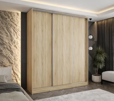Produktbild von Moderner 3-türiger Schwebetürenschrank Eiche Sonoma 150x58x250 cm – mit 2 Schubladen – Kleiderschrank für Flur, Schlafzimmer oder Ankleidezimmer