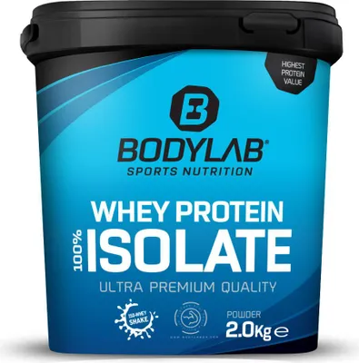 A tub of BODYLAB Whey Protein Isolate powder.