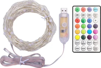 A string of LED lights and a remote control are displayed on a white background.