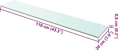 A transparent glass shelf with dimensions indicated by purple lines and text.