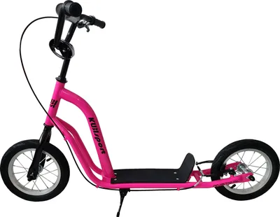 A pink scooter with black handlebars and wheels, shown against a white background.