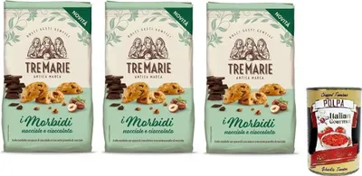 Produktbild von 3x Tre Marie Biscotti i Morbidi Nocciole e Cioccolato,Kekse mit Schokoladentropfen und knackigen Haselnusskörnern 300g + Italian Gourmet Polpa di Pomodoro 400g Dose