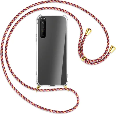 Produktbild von Handykette Backcover-Schutzhülle mit Band (Metall goldfarben) für Sony Xperia 1 II - weinrot/gelb/grau