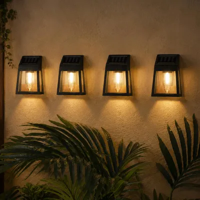 Produktbild von LED Solar Wandleuchten - Kunststoff - warmweiße LED - H: 13cm - Lichtsensor - schwarz - 4er Set