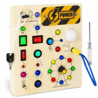 Produktbild von Busy Board ab 1 Jahr, 10 Schalter, 19 LEDs, Montessori-Holzspielzeug