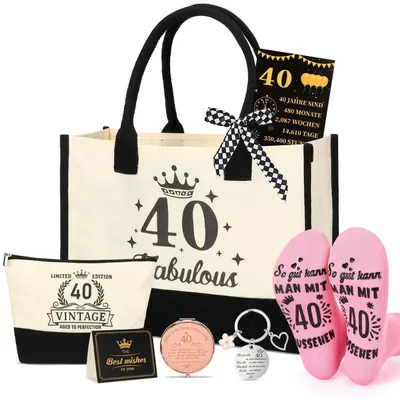 Immagine prodotto di Set regalo da 8 pezzi per il 40° compleanno: borsa in tela, pochette, biglietto di auguri, portachiavi, colore bianco